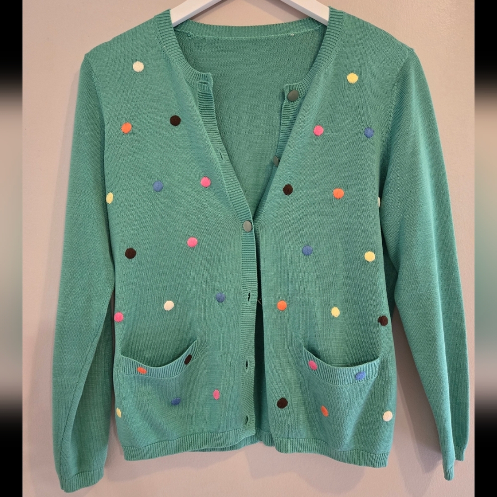 Carlisle Green Polka Dot Sweater Set Tank with Cardigan Button Up Size Small